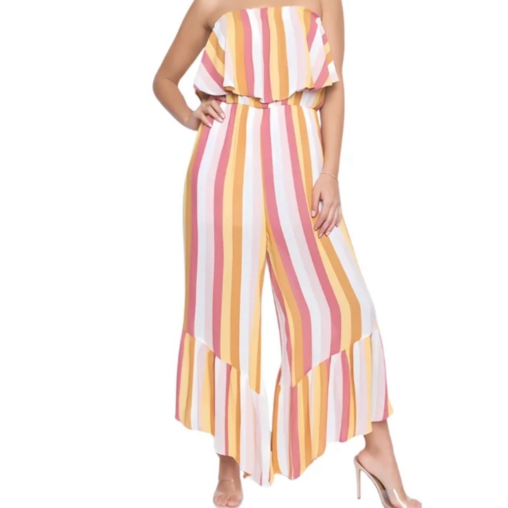 Blue Blush Striped Strapless Wide Leg Jumpsuit Womens S Yellow Pink Resort Boho